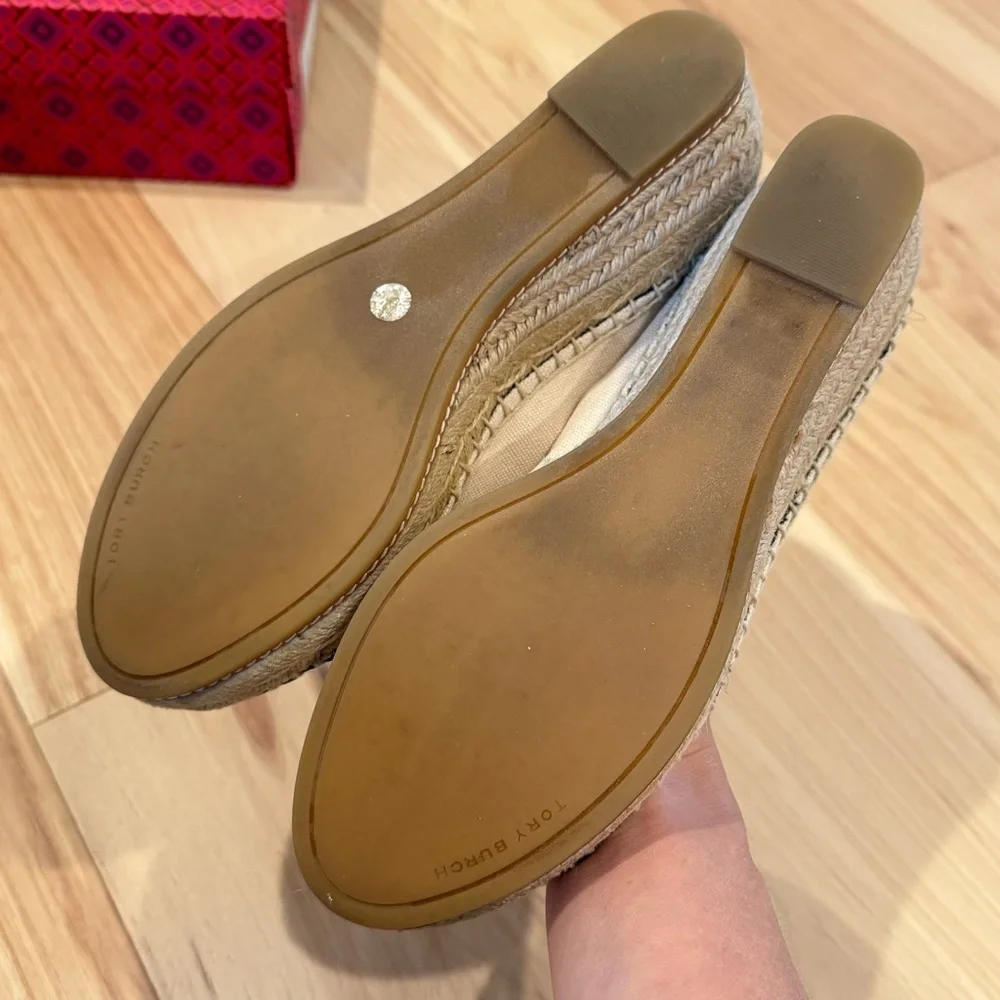 Tory Burch Beige Canvas Espadrille Flats with Black Toe Caps